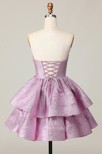 Light Purple A Line Strapless Lace Up Back Tiered Homecoming Dress with Bow